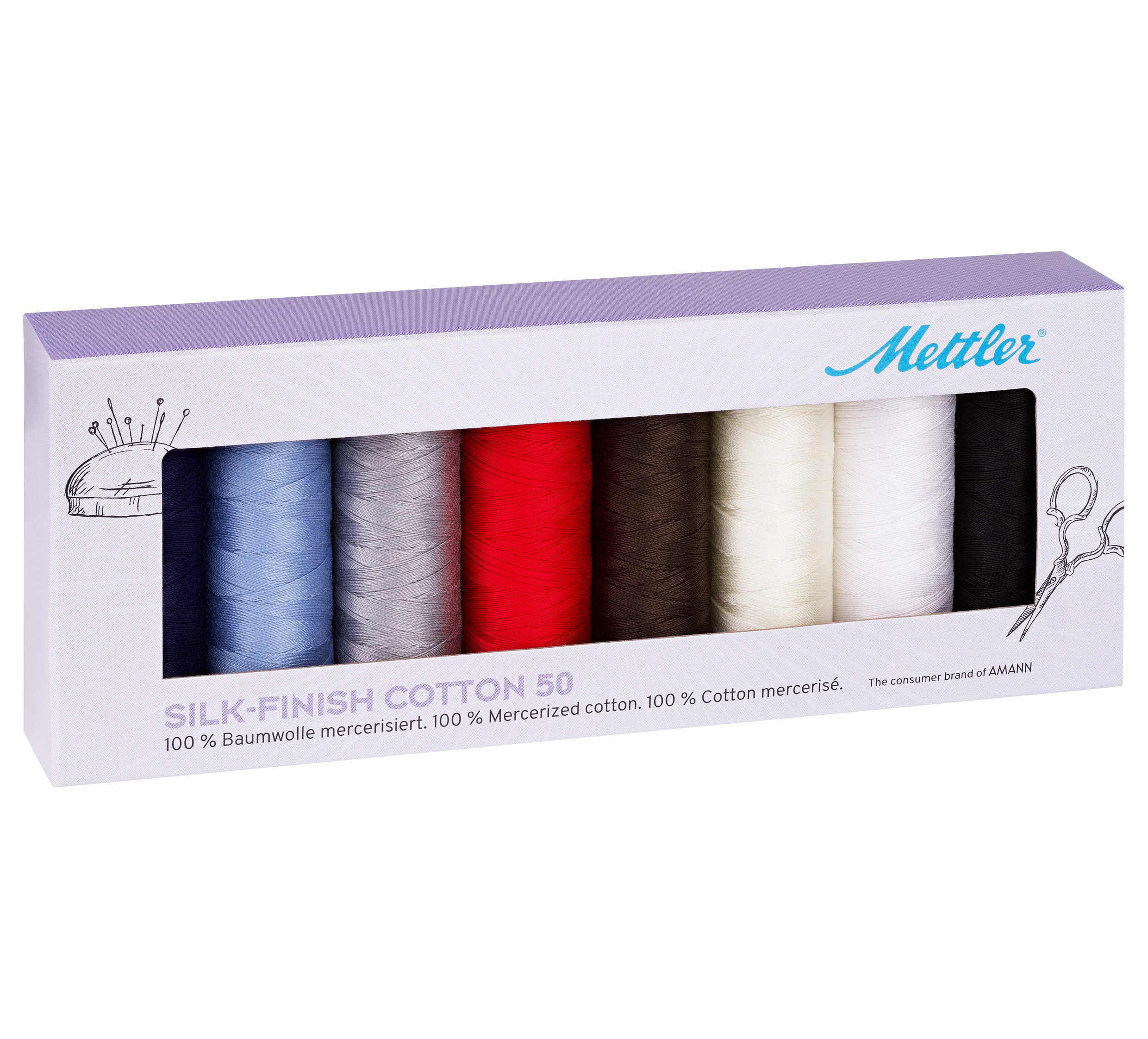 Universalnähgarn Silk Finish Cotton - Set mit 8 Spulen je 200 Meter. Silk Finish Cotton ist für alle Stoffe und Nähte einsetzbar.